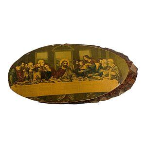 Vintage Live Edge  Wood Slice Last Supper Picture Plaque